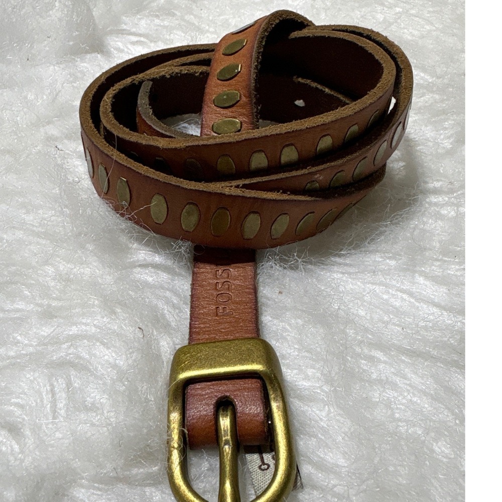 Fossil Belt Womens 33-37 Studded Brown Leather Skinny Western Boho Excellent